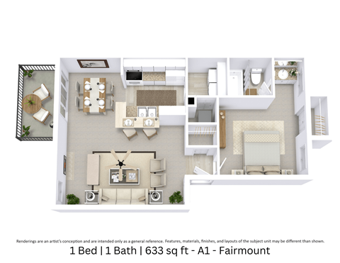 Floor plan for 1 bed, 1 bath, 633 sqft